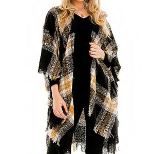 NWT Chunky Plaid Black Gold Woven Faux Cashmere Women's Poncho OSFM